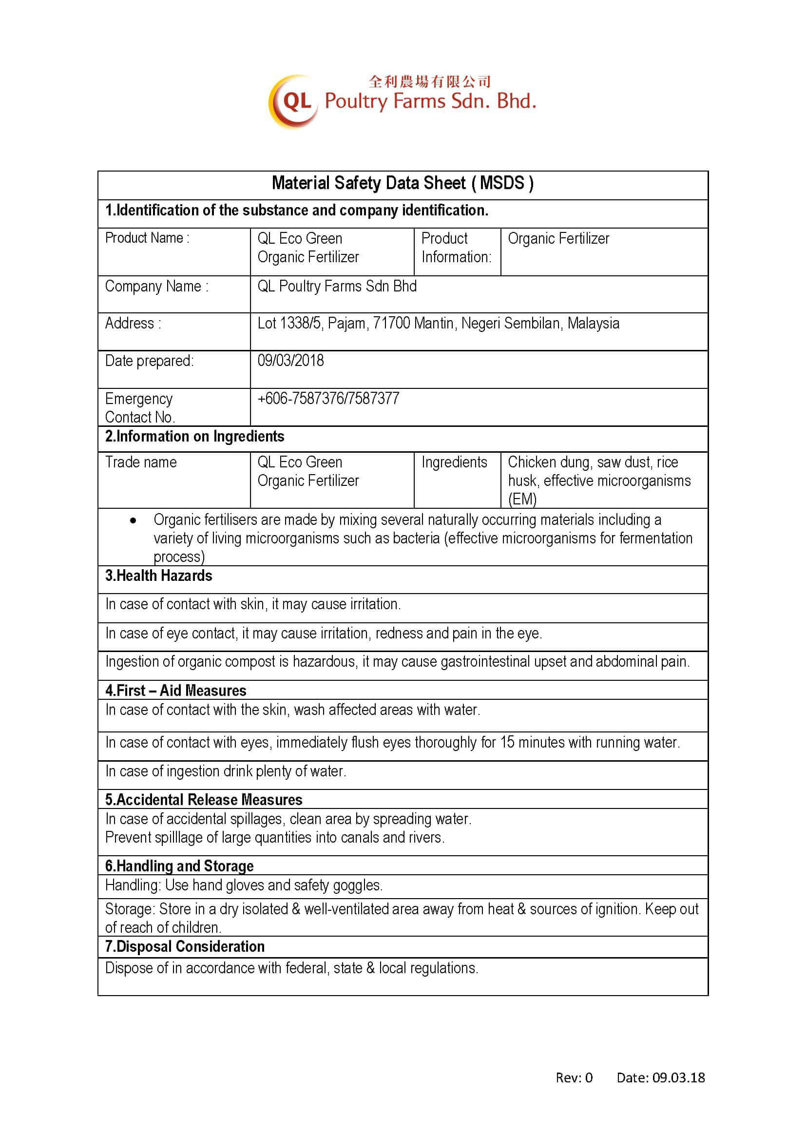 QL Eco Green Organic Fertilizer MSDS